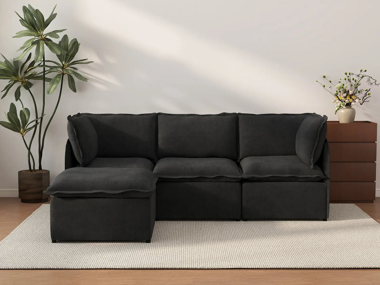 Deluxe Cloud 3-Seater Black L-Shaped Sectional | 4-Piece (Includes 1 Ottoman), Linen Look Poly Fabric, Washable Cushion Covers