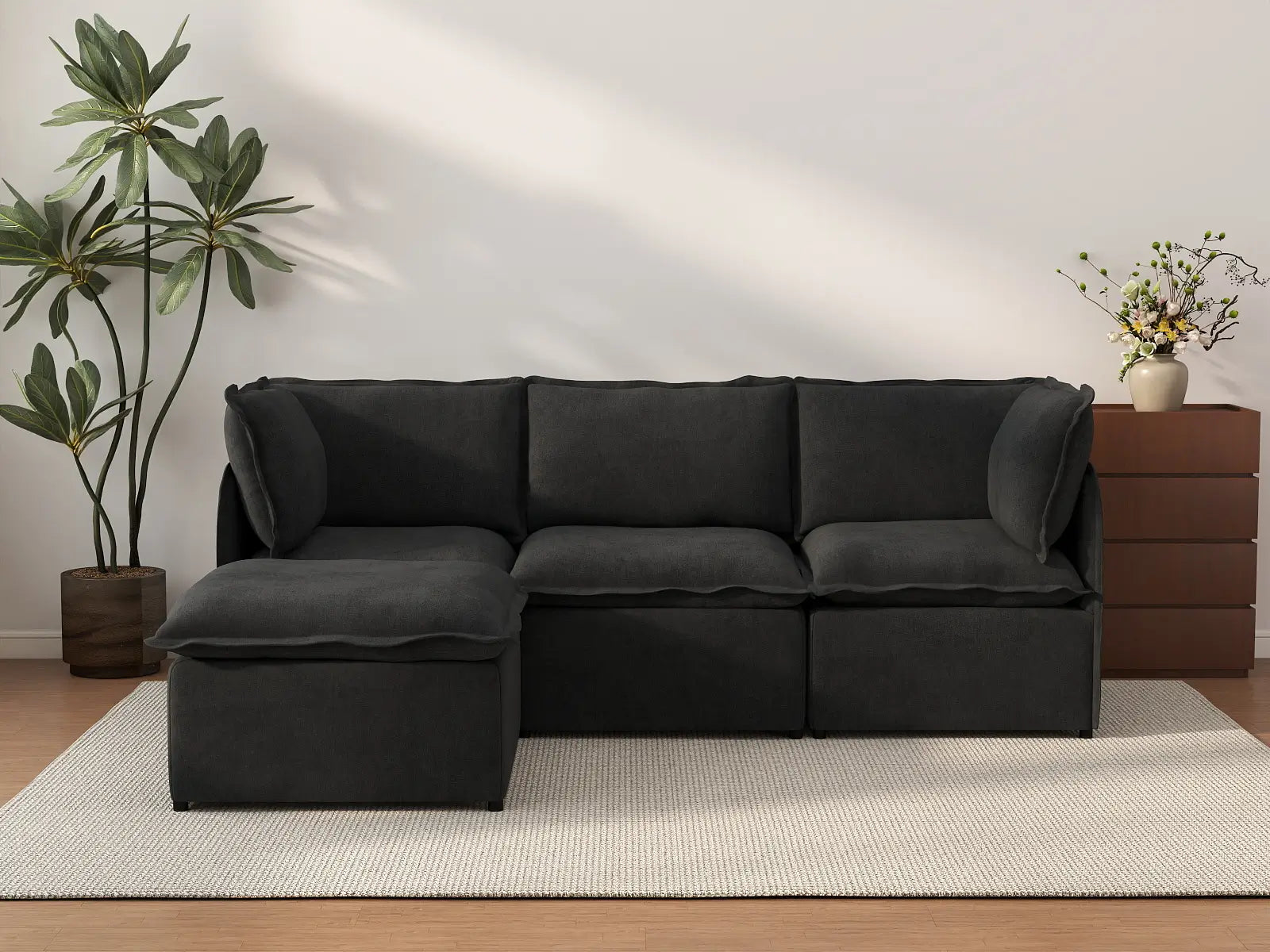 Deluxe Cloud 3-Seater Black L-Shaped Sectional | 4-Piece (Includes 1 Ottoman), Linen Look Poly Fabric, Washable Cushion Covers