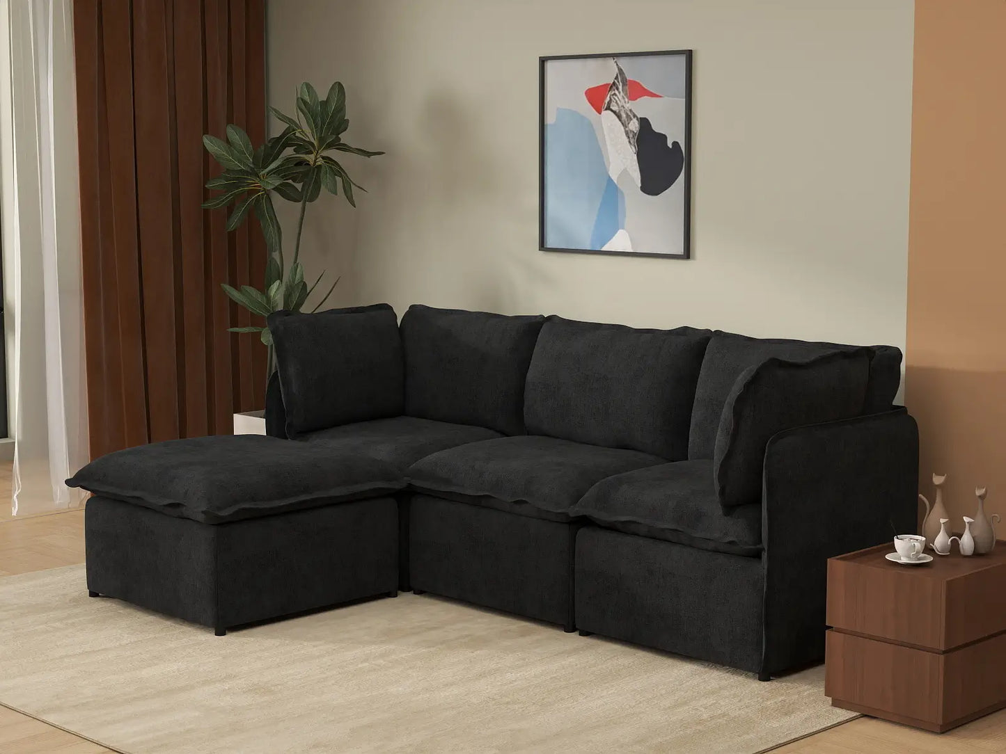 Deluxe Cloud 3-Seater Black L-Shaped Sectional | 4-Piece (Includes 1 Ottoman), Linen Look Poly Fabric, Washable Cushion Covers