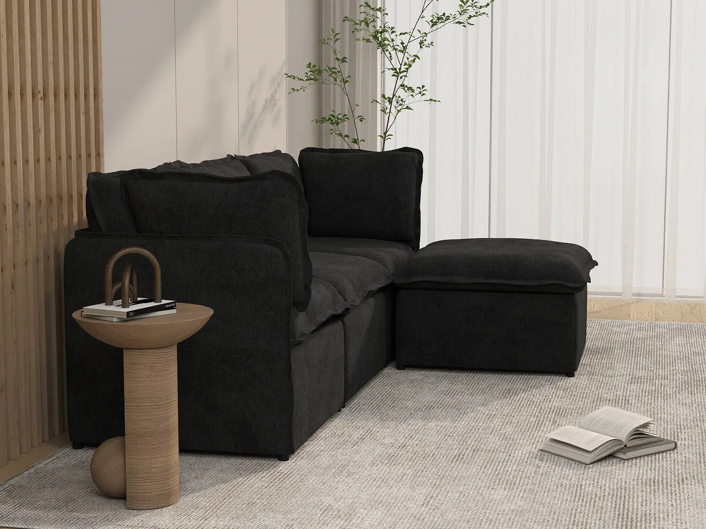 Deluxe Cloud 3-Seater Black L-Shaped Sectional | 4-Piece (Includes 1 Ottoman), Linen Look Poly Fabric, Washable Cushion Covers