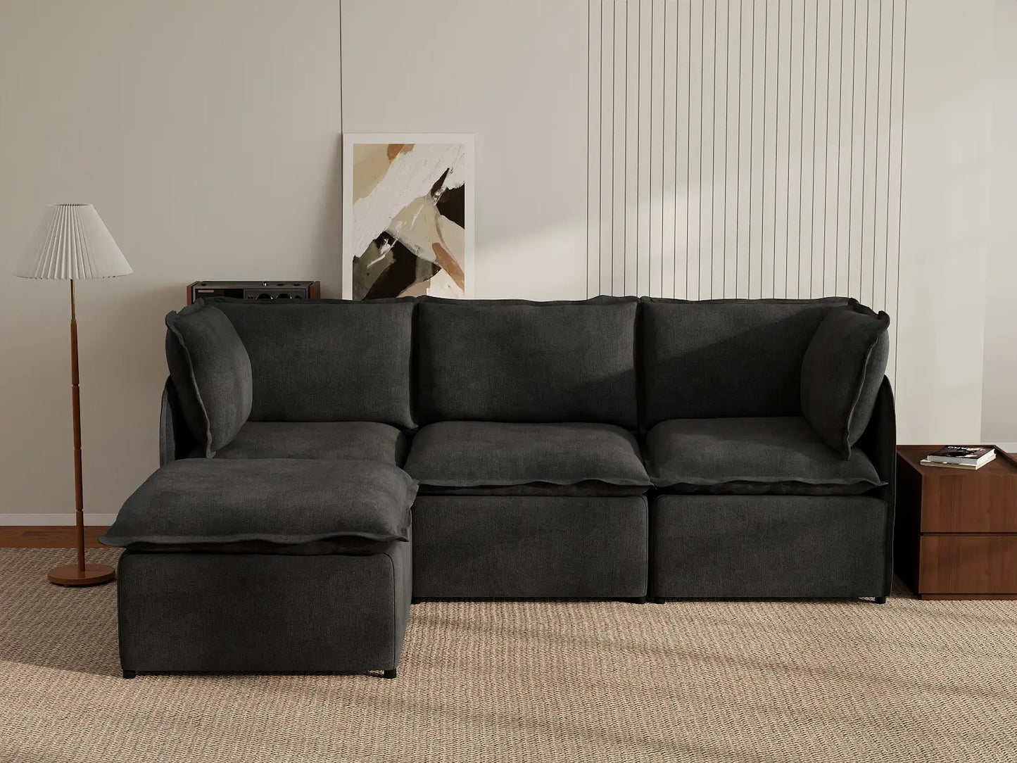 Deluxe Cloud 3-Seater Black L-Shaped Sectional | 4-Piece (Includes 1 Ottoman), Linen Look Poly Fabric, Washable Cushion Covers