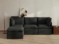 Deluxe Cloud 3-Seater Black L-Shaped Sectional | 4-Piece (Includes 1 Ottoman), Linen Look Poly Fabric, Washable Cushion Covers
