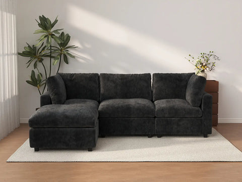 Deluxe Cloud 3-Seater Black L-Shaped Sectional | 4-Piece (Includes 1 Ottoman), Linen-Blend Chenille Fabric, Washable Cushion Covers