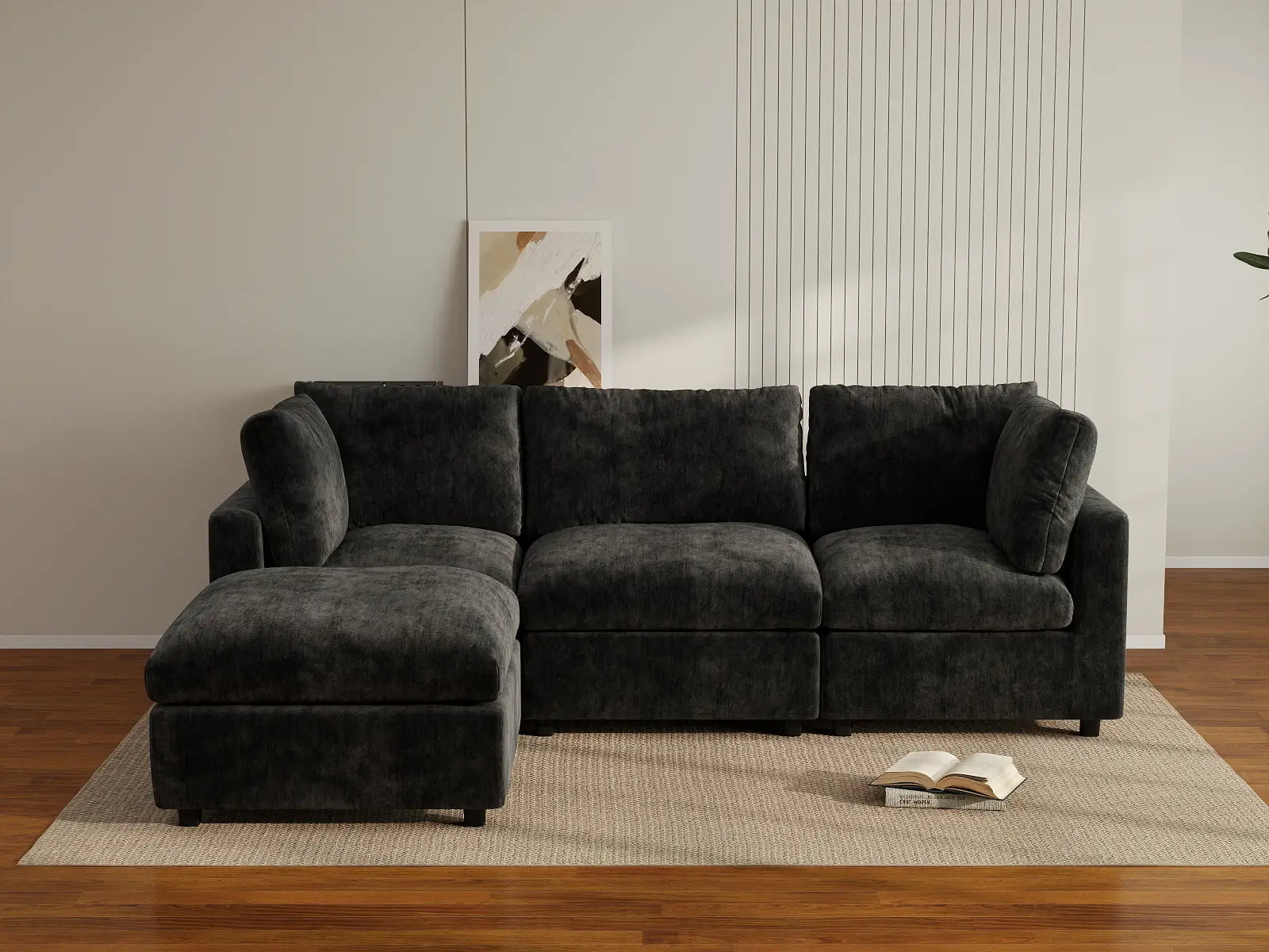 Fundas para sofá seccional Lounge Cloud | Funda de sofá de chenilla de lino-mezcla negra para sofá de 3 plazas con 1 otomana
