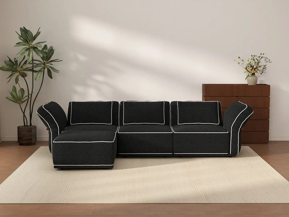 Deluxe Cloud 3-Seater Black Large Space L-Shaped Sectional | 4-Piece (Includes 1 Ottoman), Bouclé Sherpa-Like Fabric, Easy To Clean