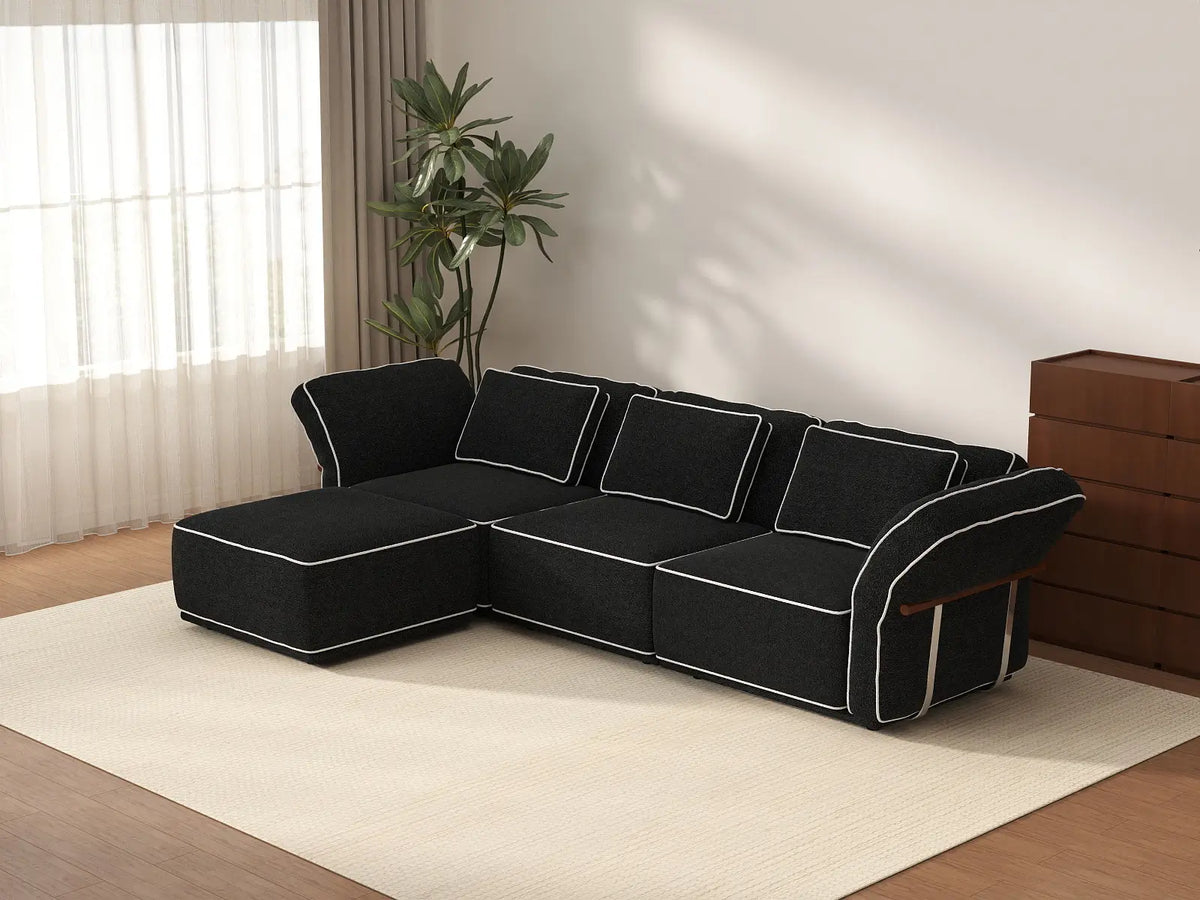 Deluxe Cloud 3-Seater Black Large Space L-Shaped Sectional | 4-Piece (Includes 1 Ottoman), Bouclé Sherpa-Like Fabric, Easy To Clean