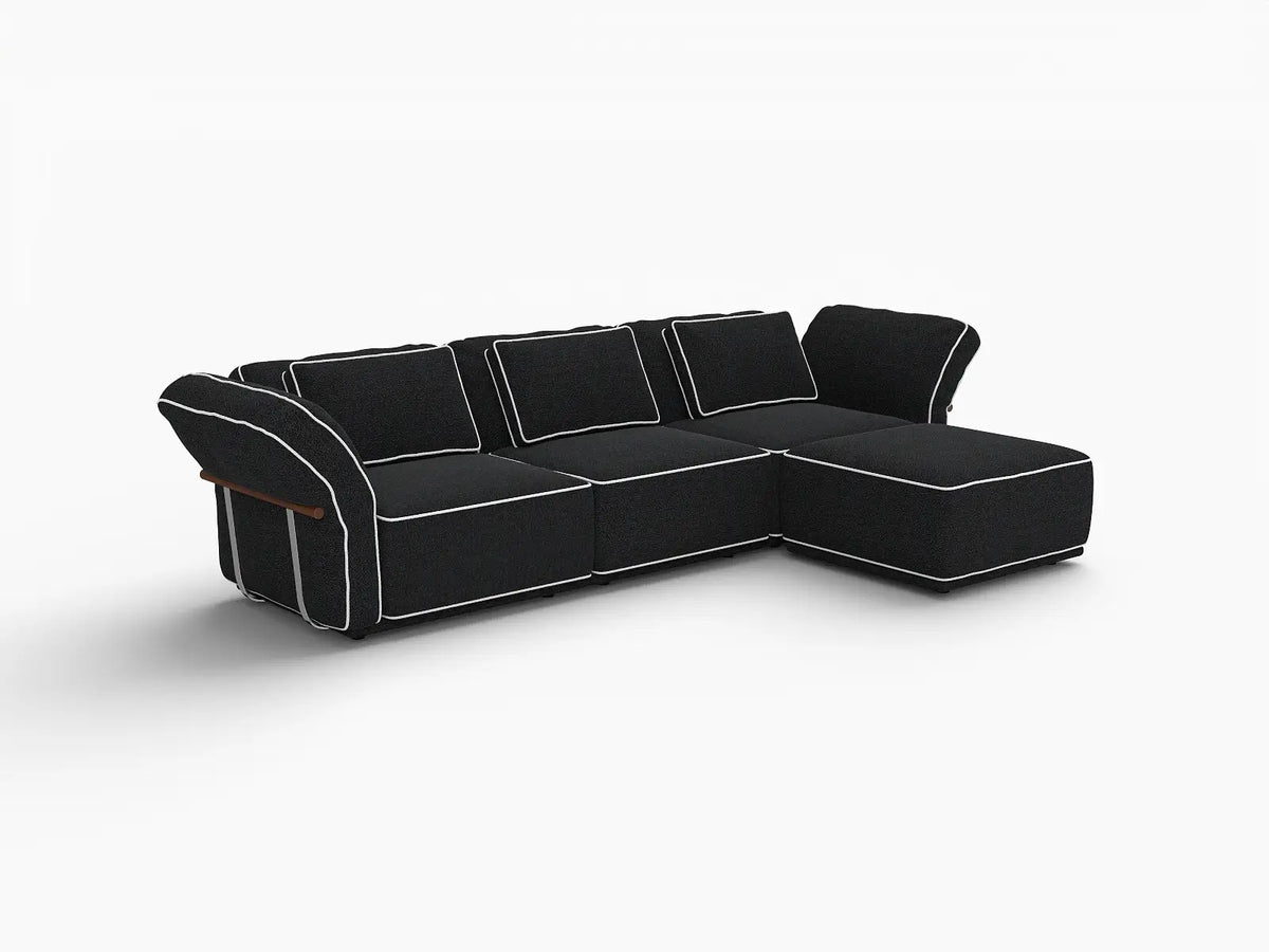 Deluxe Cloud 3-Seater Black Large Space L-Shaped Sectional | 4-Piece (Includes 1 Ottoman), Bouclé Sherpa-Like Fabric, Easy To Clean