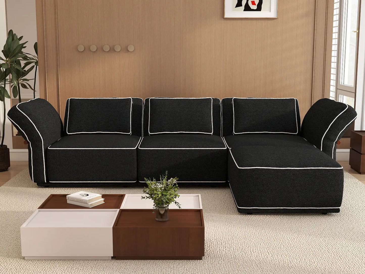 Deluxe Cloud 3-Seater Black Large Space L-Shaped Sectional | 4-Piece (Includes 1 Ottoman), Bouclé Sherpa-Like Fabric, Easy To Clean