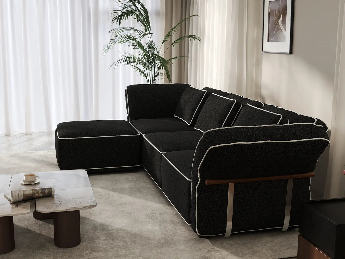 Deluxe Cloud 3-Seater Black Large Space L-Shaped Sectional | 4-Piece (Includes 1 Ottoman), Bouclé Sherpa-Like Fabric, Easy To Clean