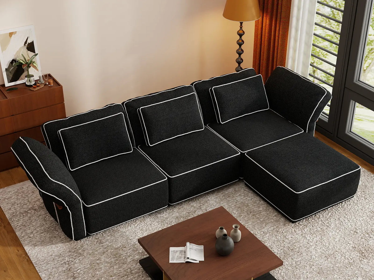 Deluxe Cloud 3-Seater Black Large Space L-Shaped Sectional | 4-Piece (Includes 1 Ottoman), Bouclé Sherpa-Like Fabric, Easy To Clean