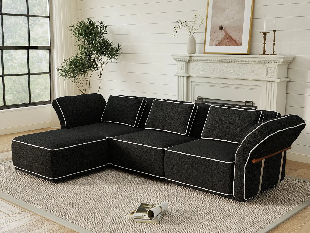 Deluxe Cloud 3-Seater Black Large Space L-Shaped Sectional | 4-Piece (Includes 1 Ottoman), Bouclé Sherpa-Like Fabric, Easy To Clean