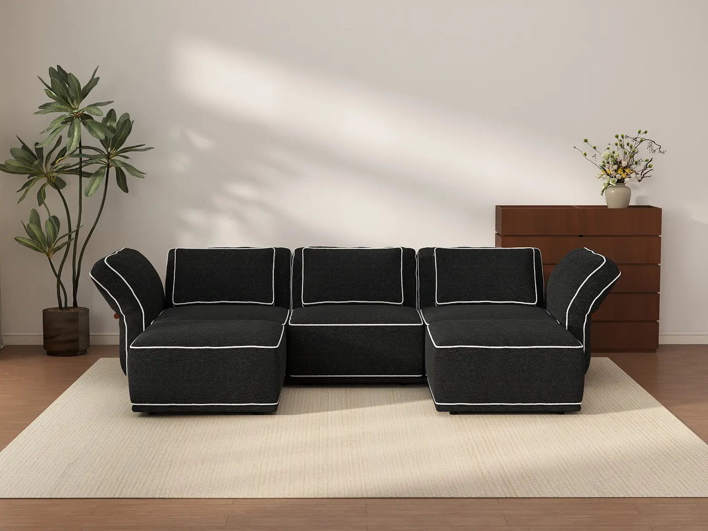 Deluxe Cloud 3-Seater Black Large Space U-Shaped Sectional | 5-Piece (Includes 2 Ottomans), Bouclé Sherpa-Like Fabric, Easy To Clean