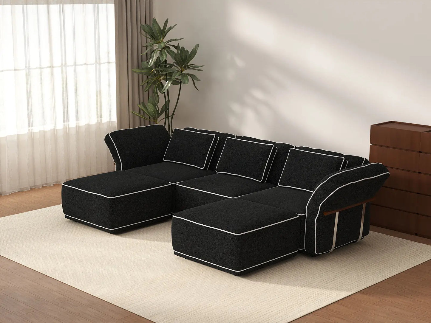 Deluxe Cloud 3-Seater Black Large Space U-Shaped Sectional | 5-Piece (Includes 2 Ottomans), Bouclé Sherpa-Like Fabric, Easy To Clean