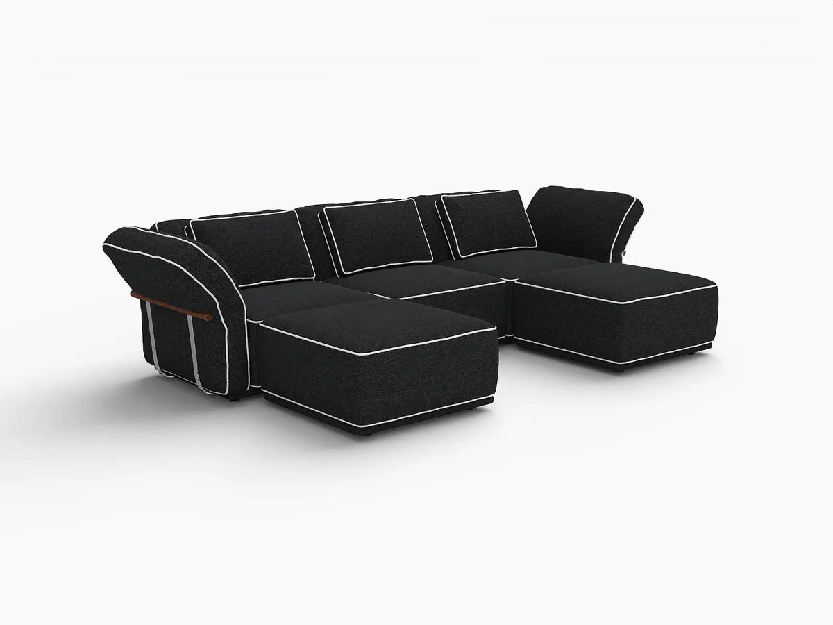 Deluxe Cloud 3-Seater Black Large Space U-Shaped Sectional | 5-Piece (Includes 2 Ottomans), Bouclé Sherpa-Like Fabric, Easy To Clean