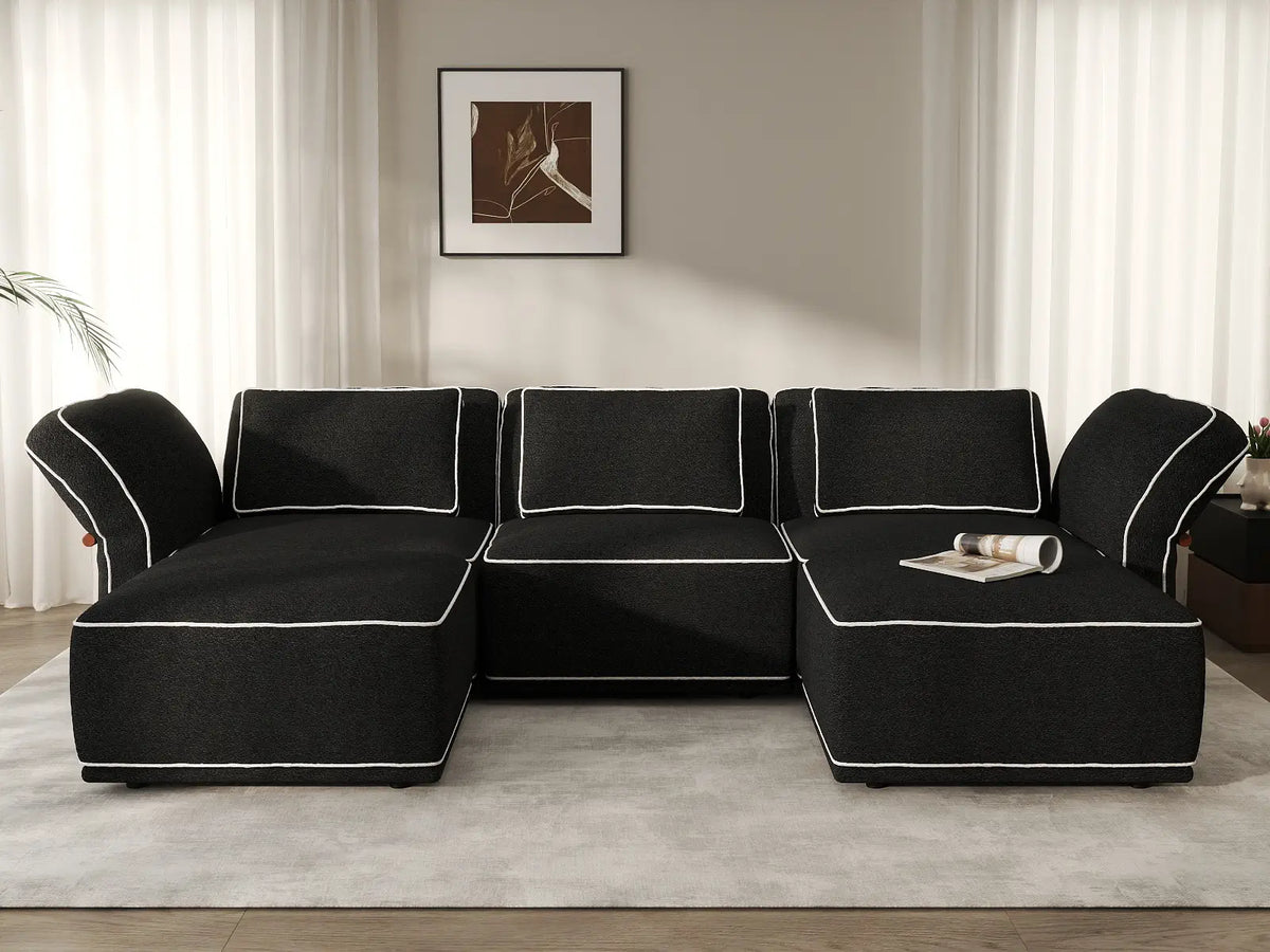 Deluxe Cloud 3-Seater Black Large Space U-Shaped Sectional | 5-Piece (Includes 2 Ottomans), Bouclé Sherpa-Like Fabric, Easy To Clean