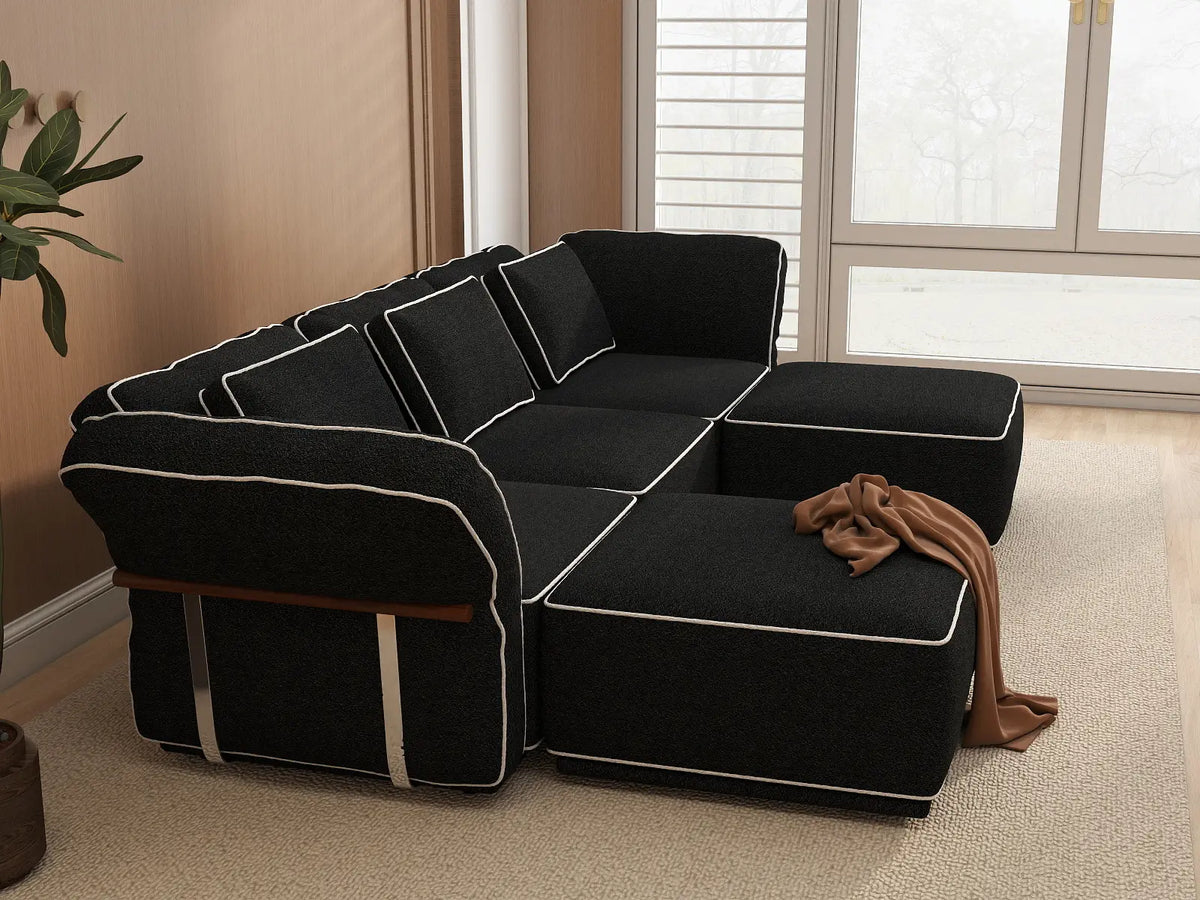 Deluxe Cloud 3-Seater Black Large Space U-Shaped Sectional | 5-Piece (Includes 2 Ottomans), Bouclé Sherpa-Like Fabric, Easy To Clean