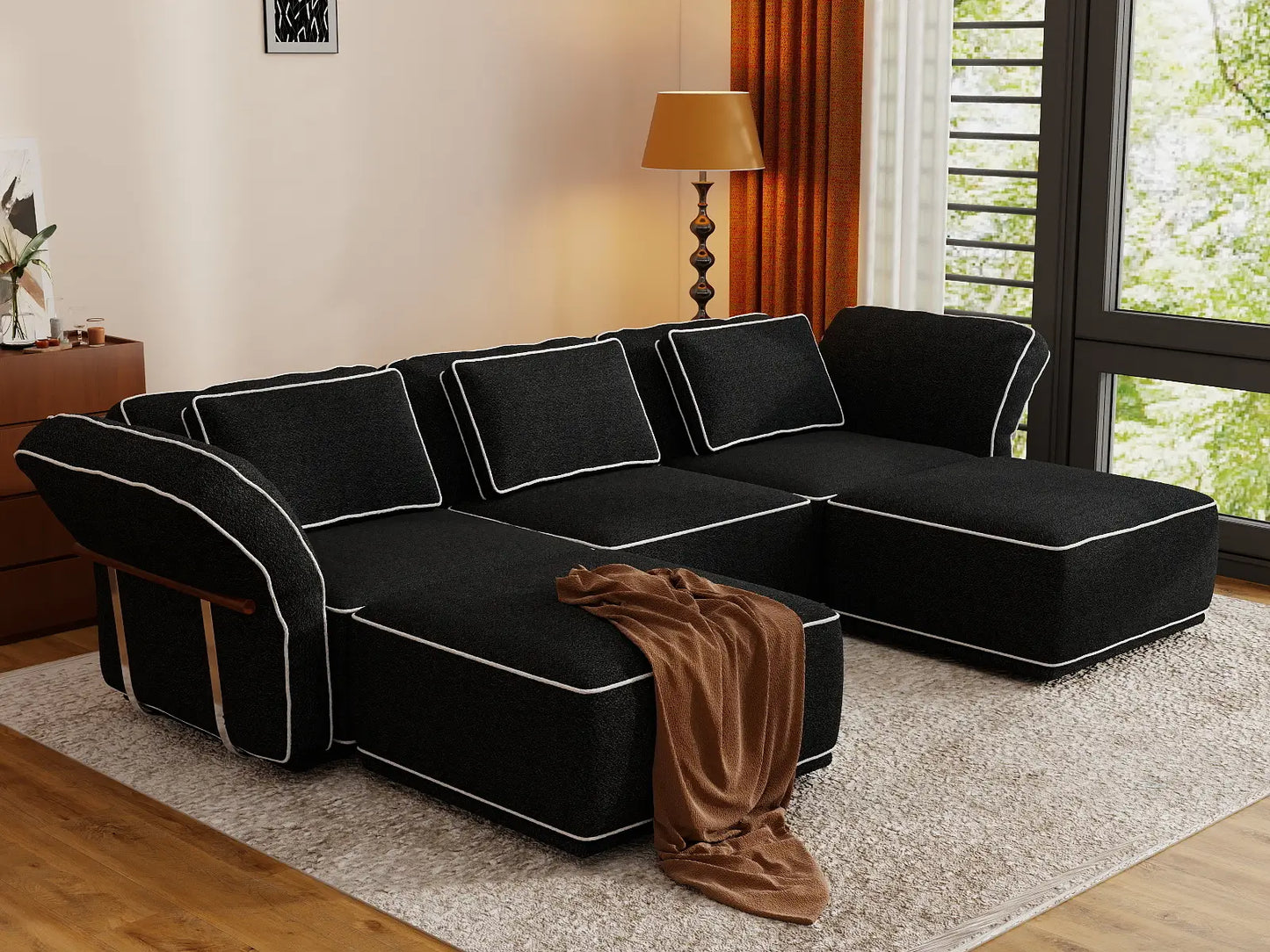 Deluxe Cloud 3-Seater Black Large Space U-Shaped Sectional | 5-Piece (Includes 2 Ottomans), Bouclé Sherpa-Like Fabric, Easy To Clean