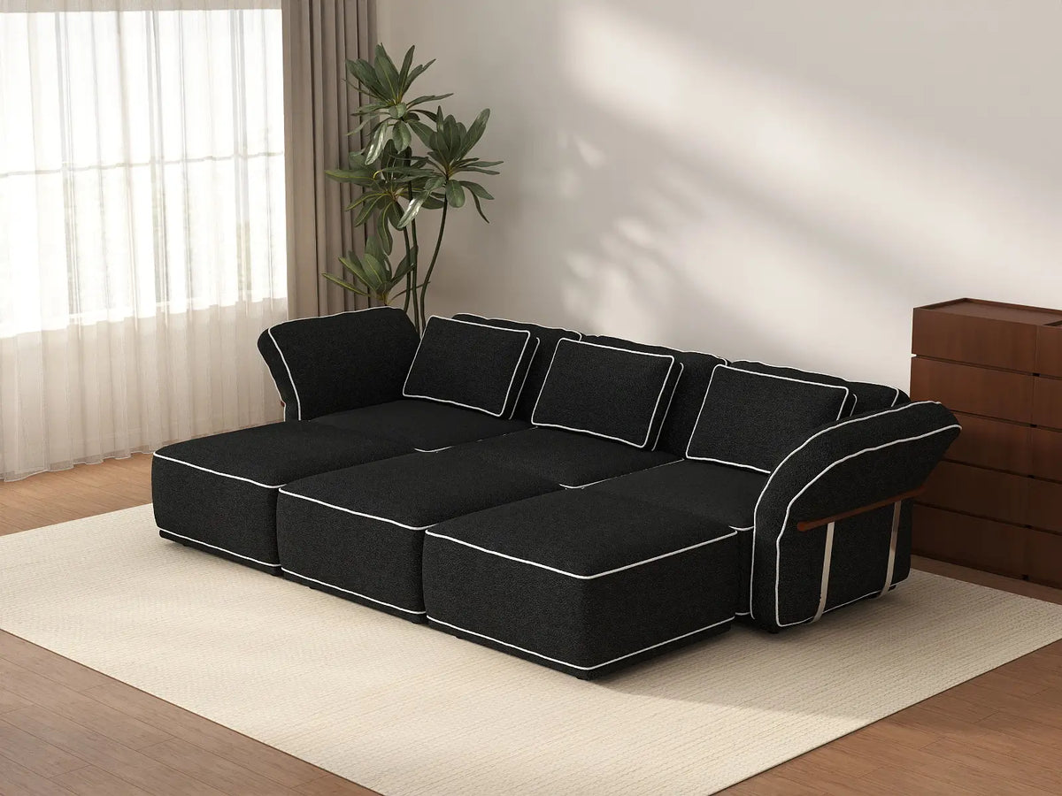Deluxe Cloud 3-Seater Black Large Space U-Shaped Sectional | 6-Piece (Includes 3 Ottomans), Bouclé Sherpa-Like Fabric, Easy To Clean