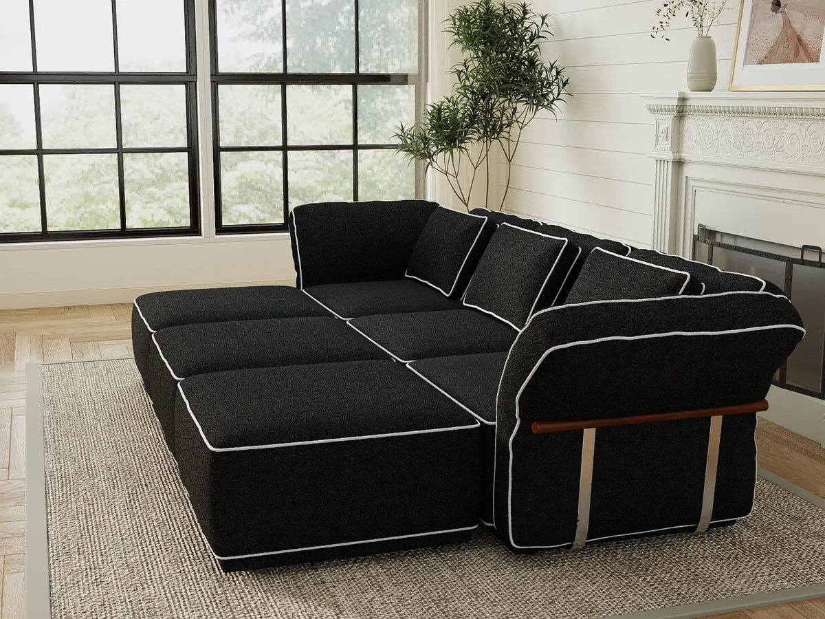 Deluxe Cloud 3-Seater Black Large Space U-Shaped Sectional | 6-Piece (Includes 3 Ottomans), Bouclé Sherpa-Like Fabric, Easy To Clean