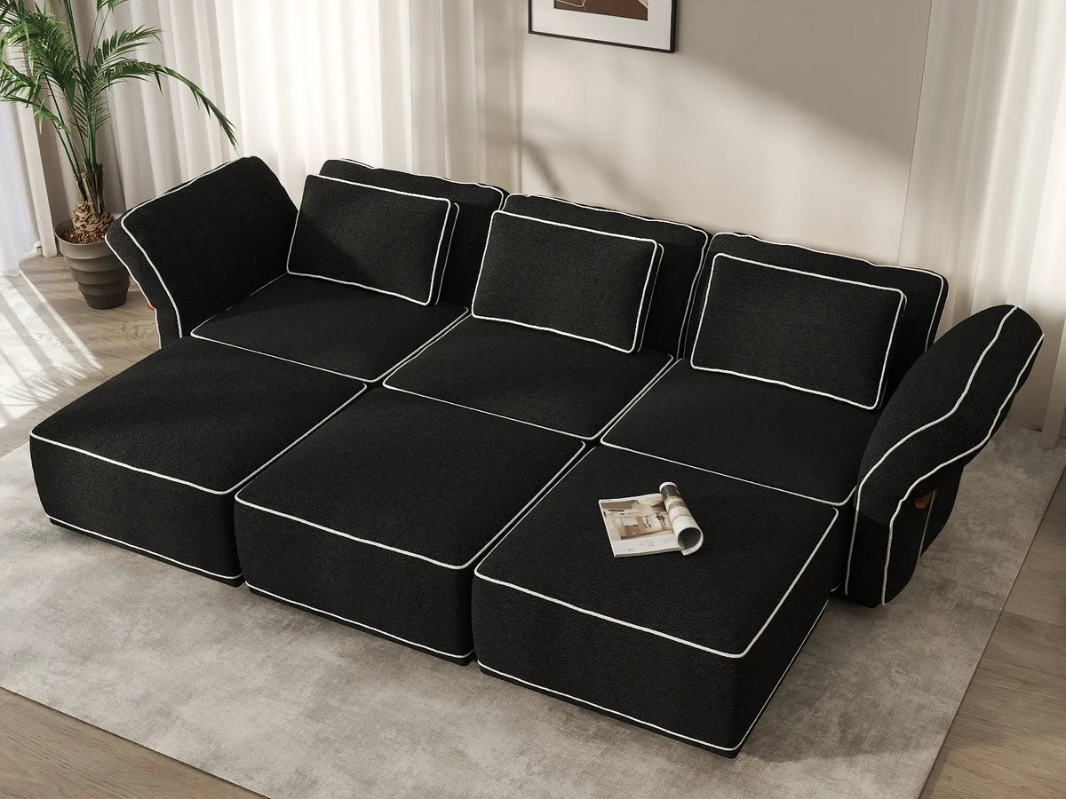 Deluxe Cloud 3-Seater Black Large Space U-Shaped Sectional | 6-Piece (Includes 3 Ottomans), Bouclé Sherpa-Like Fabric, Easy To Clean