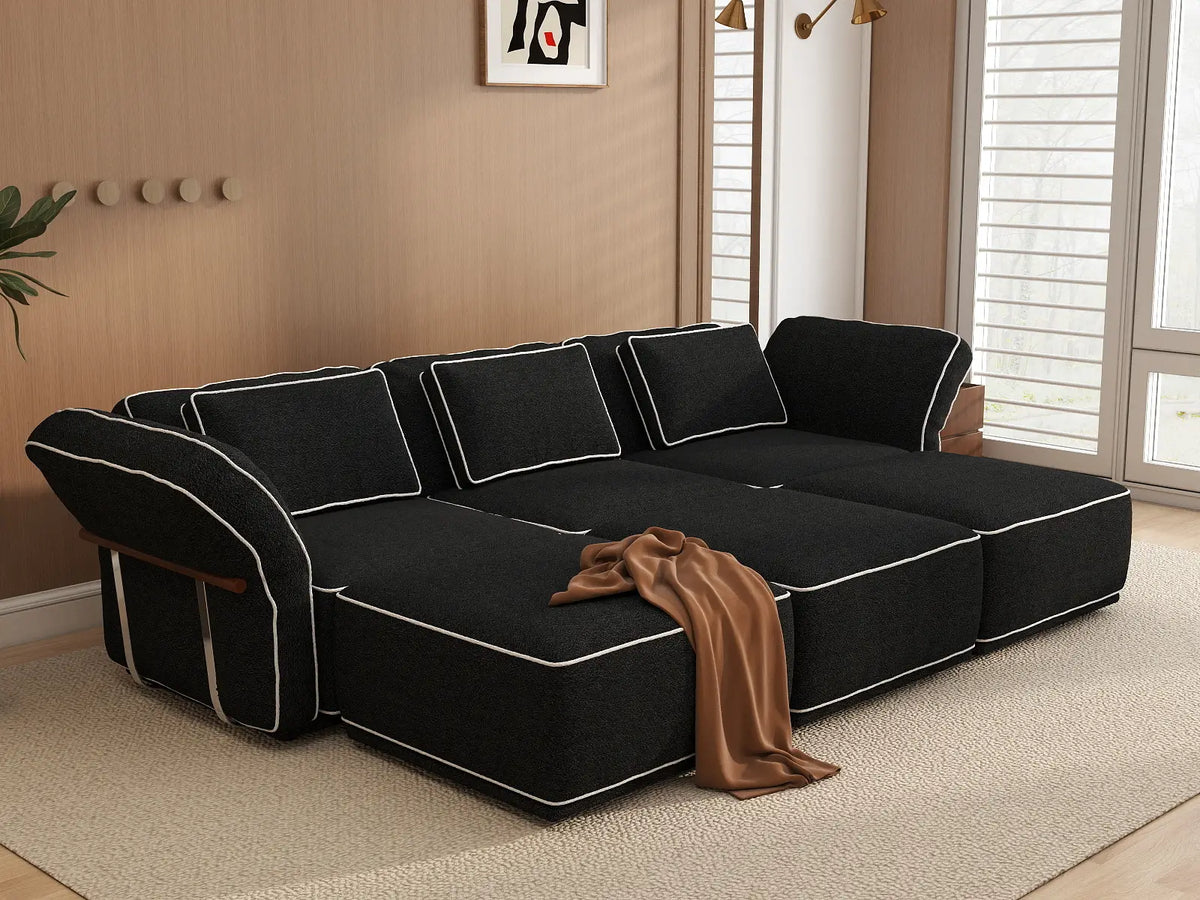 Deluxe Cloud 3-Seater Black Large Space U-Shaped Sectional | 6-Piece (Includes 3 Ottomans), Bouclé Sherpa-Like Fabric, Easy To Clean