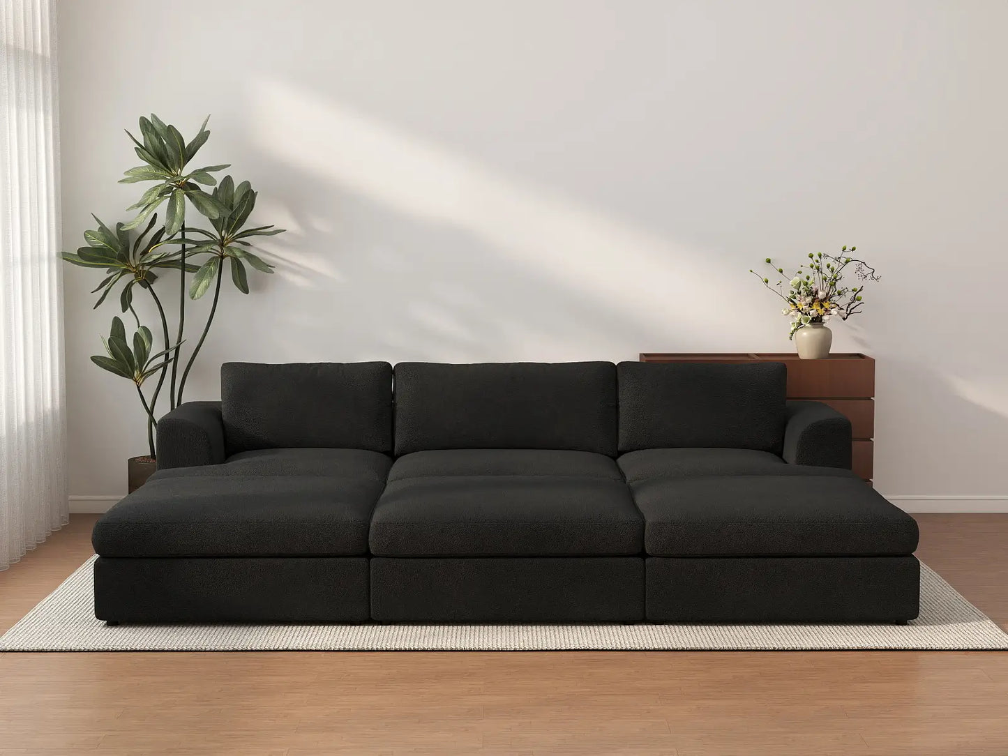 Deluxe Cloud 3-Seater Black Pit Sectional | 6-Piece (Includes 3 Ottomans), Bouclé Sherpa-Like Fabric, Washable Cushion Covers