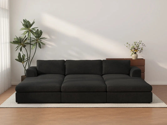 Sofá seccional de foso Deluxe Cloud de 3 plazas, negro | 6 piezas (incluye 3 pufs), tejido de bouclé tipo sherpa, fundas de cojín lavables