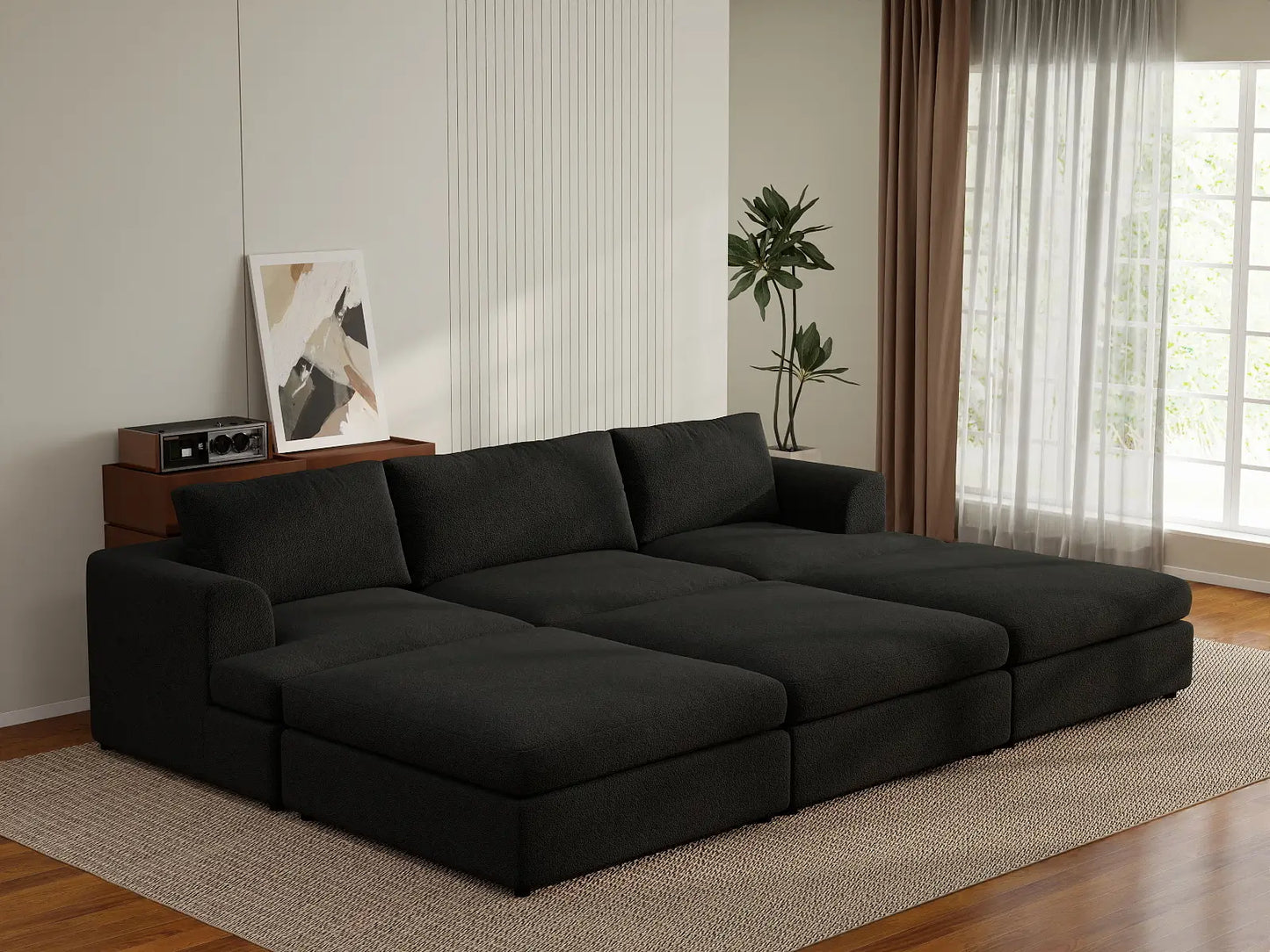 Deluxe Cloud 3-Seater Black Pit Sectional | 6-Piece (Includes 3 Ottomans), Bouclé Sherpa-Like Fabric, Washable Cushion Covers