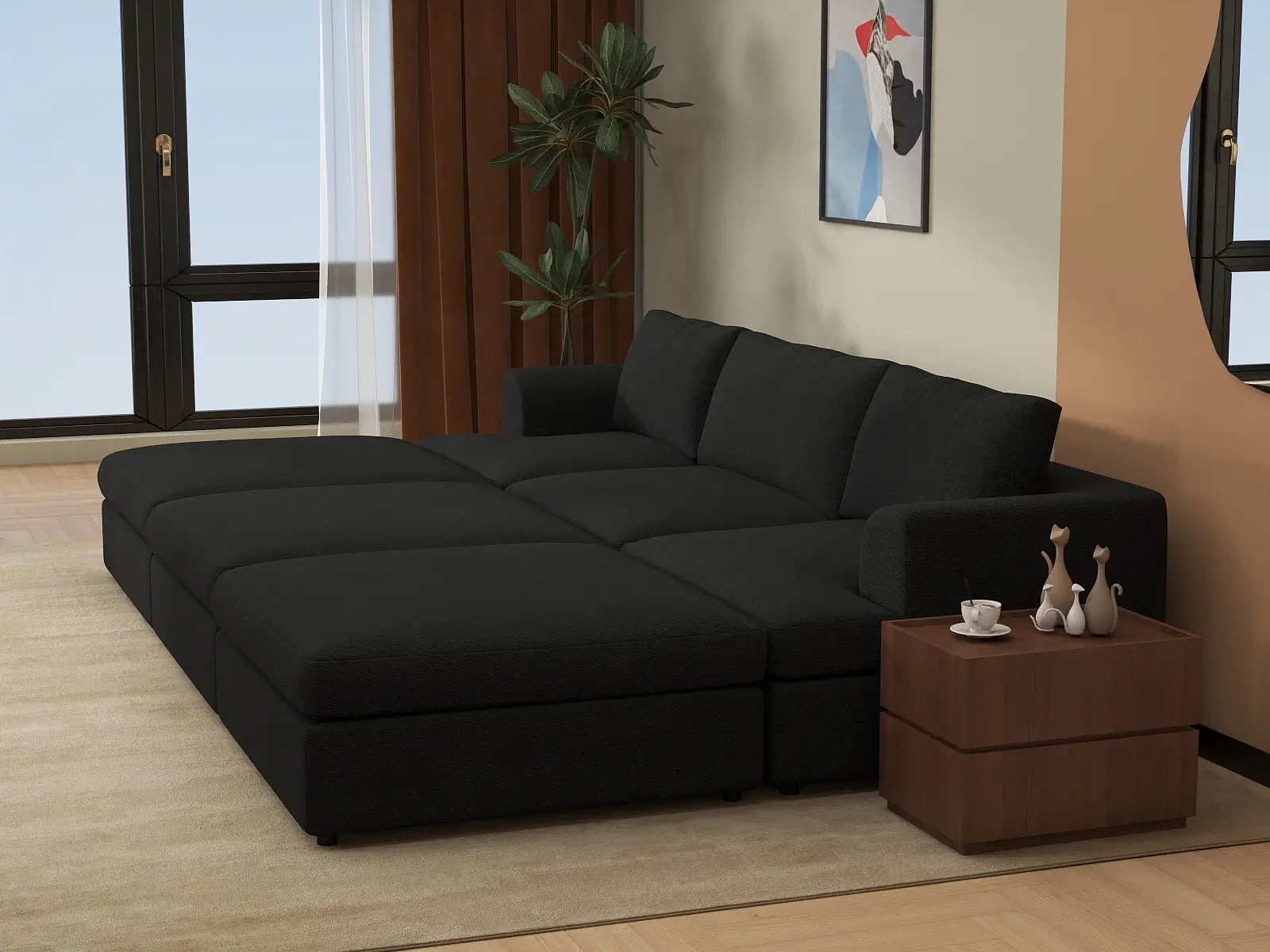 Deluxe Cloud 3-Seater Black Pit Sectional | 6-Piece (Includes 3 Ottomans), Bouclé Sherpa-Like Fabric, Washable Cushion Covers