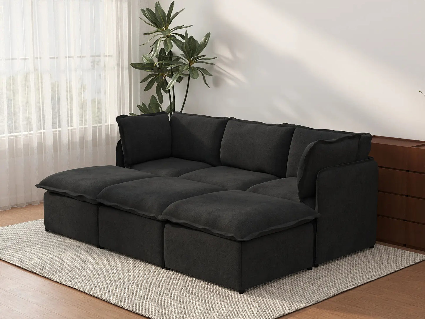 Deluxe Cloud 3-Seater Black Pit Sectional | 6-Piece (Includes 3 Ottomans), Linen Look Poly Fabric, Washable Cushion Covers