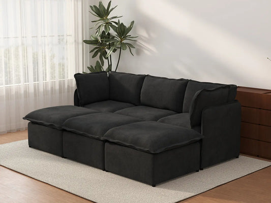 Deluxe Cloud 3-Seater Black Pit Sectional | 6-Piece (Includes 3 Ottomans), Linen Look Poly Fabric, Washable Cushion Covers