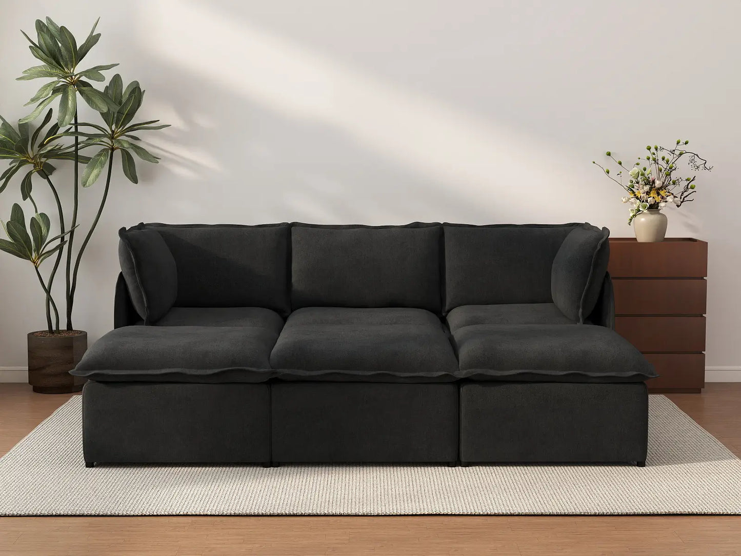 Deluxe Cloud 3-Seater Black Pit Sectional | 6-Piece (Includes 3 Ottomans), Linen Look Poly Fabric, Washable Cushion Covers