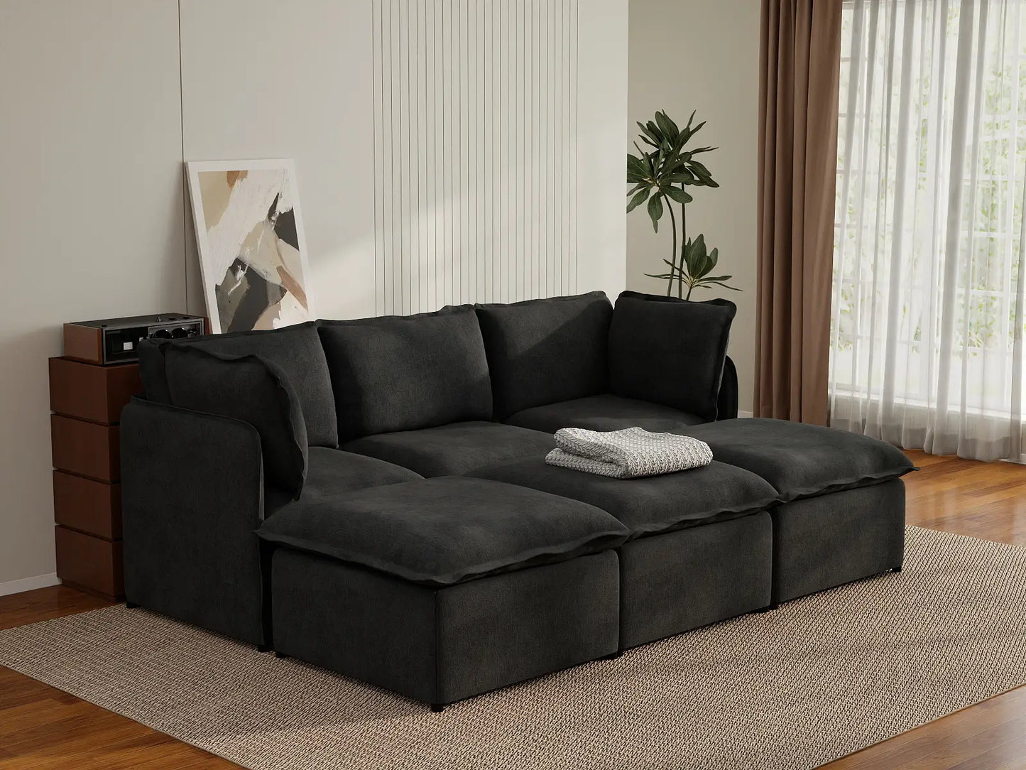 Deluxe Cloud 3-Seater Black Pit Sectional | 6-Piece (Includes 3 Ottomans), Linen Look Poly Fabric, Washable Cushion Covers