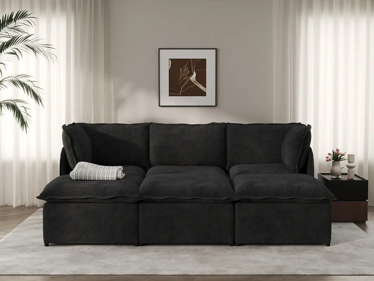 Deluxe Cloud 3-Seater Black Pit Sectional | 6-Piece (Includes 3 Ottomans), Linen Look Poly Fabric, Washable Cushion Covers