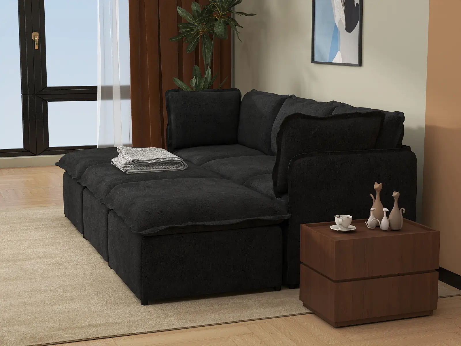 Deluxe Cloud 3-Seater Black Pit Sectional | 6-Piece (Includes 3 Ottomans), Linen Look Poly Fabric, Washable Cushion Covers