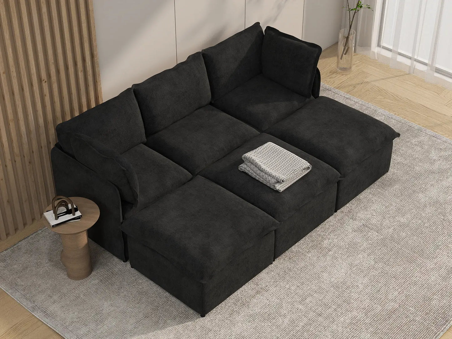 Deluxe Cloud 3-Seater Black Pit Sectional | 6-Piece (Includes 3 Ottomans), Linen Look Poly Fabric, Washable Cushion Covers