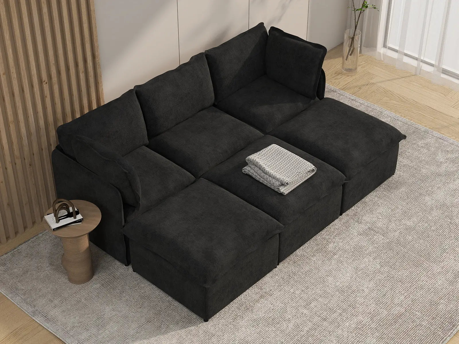 Deluxe Cloud 3-Seater Black Pit Sectional | 6-Piece (Includes 3 Ottomans), Linen Look Poly Fabric, Washable Cushion Covers
