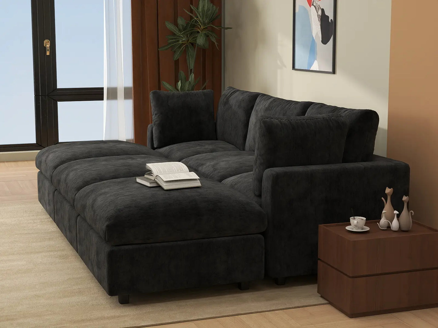 Seccional Deluxe Cloud de 3 plazas negro | 6 piezas (incluye 3 pufs), tela chenilla de mezcla de lino, fundas de cojín lavables