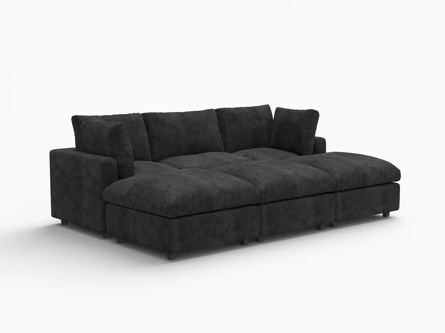 Seccional Deluxe Cloud de 3 plazas negro | 6 piezas (incluye 3 pufs), tela chenilla de mezcla de lino, fundas de cojín lavables