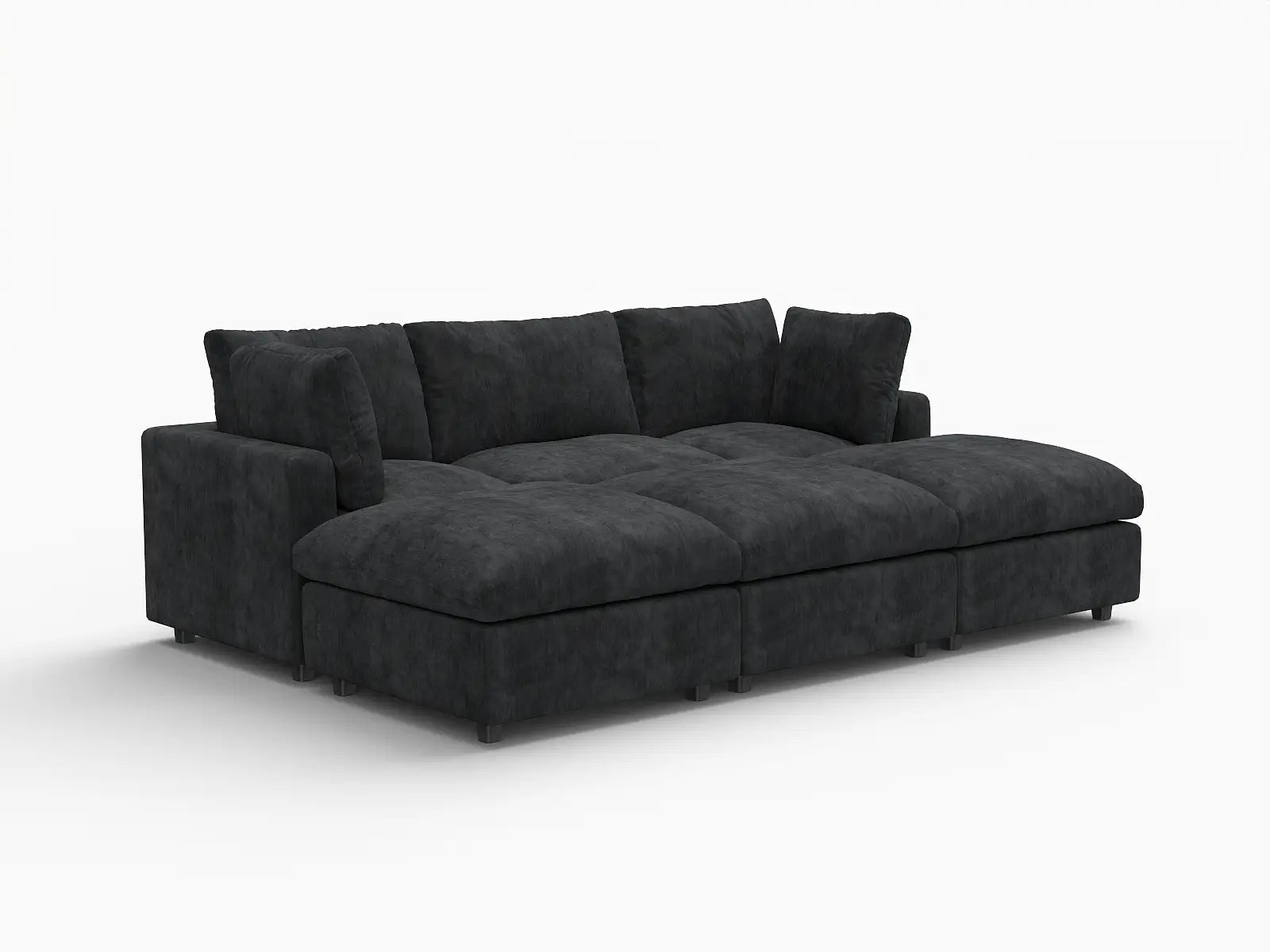 Seccional Deluxe Cloud de 3 plazas negro | 6 piezas (incluye 3 pufs), tela chenilla de mezcla de lino, fundas de cojín lavables