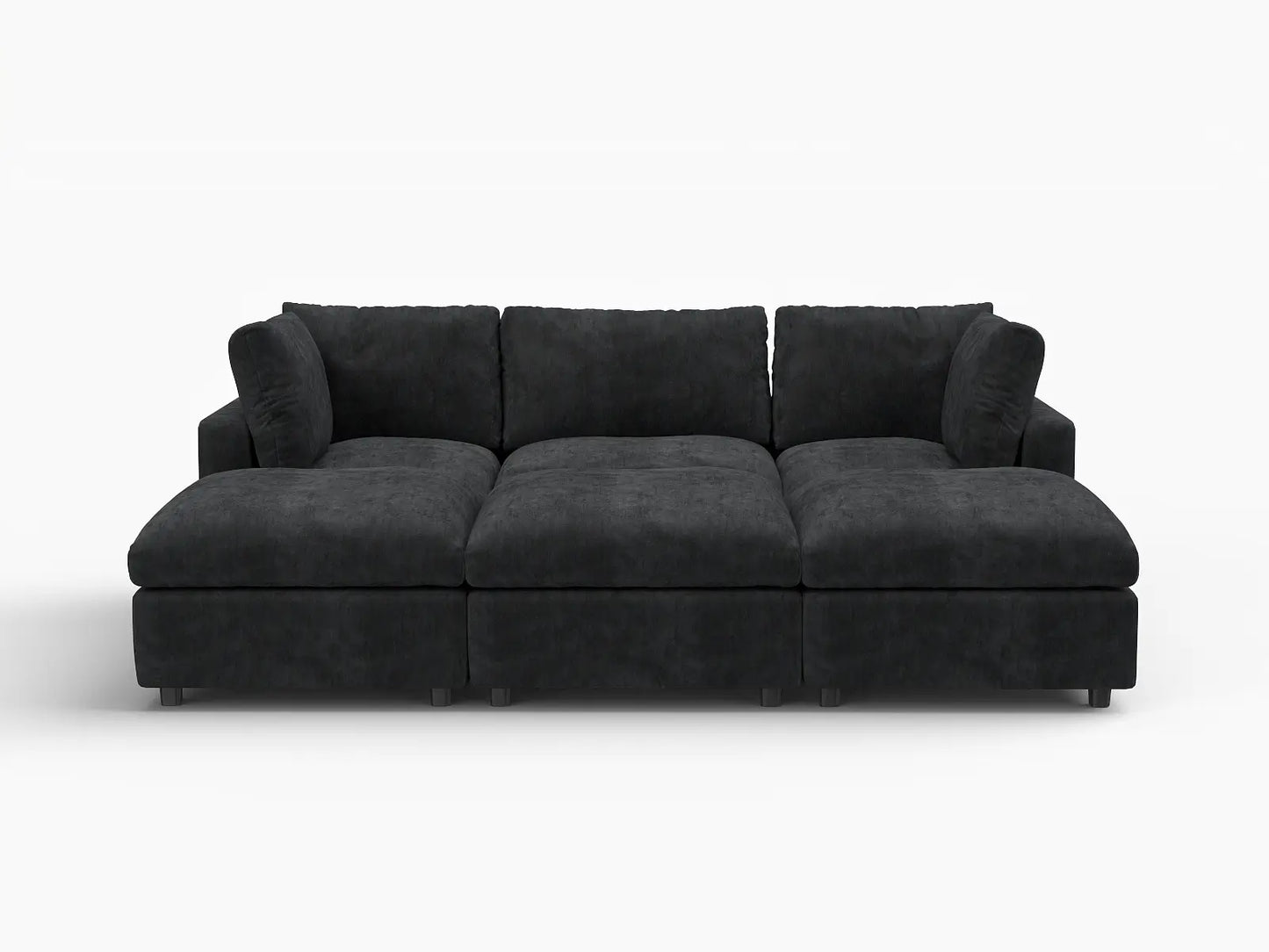 Seccional Deluxe Cloud de 3 plazas negro | 6 piezas (incluye 3 pufs), tela chenilla de mezcla de lino, fundas de cojín lavables