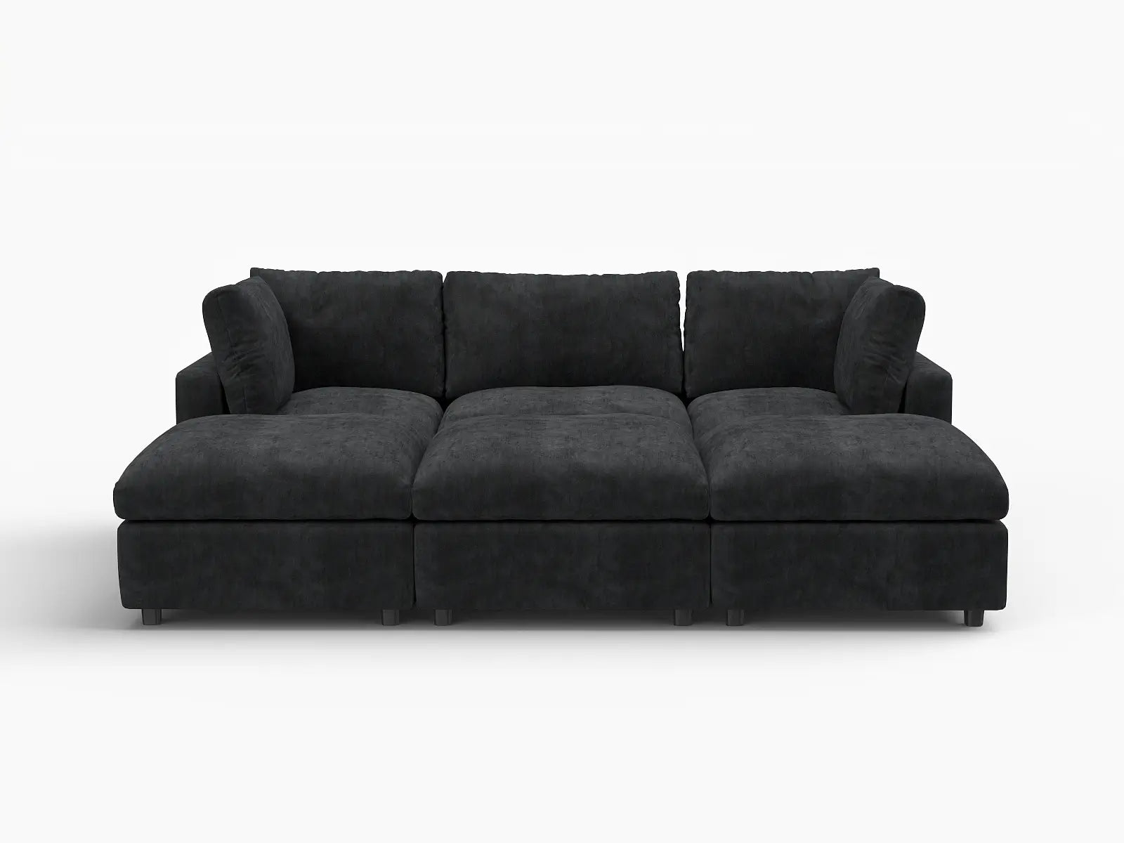 Seccional Deluxe Cloud de 3 plazas negro | 6 piezas (incluye 3 pufs), tela chenilla de mezcla de lino, fundas de cojín lavables