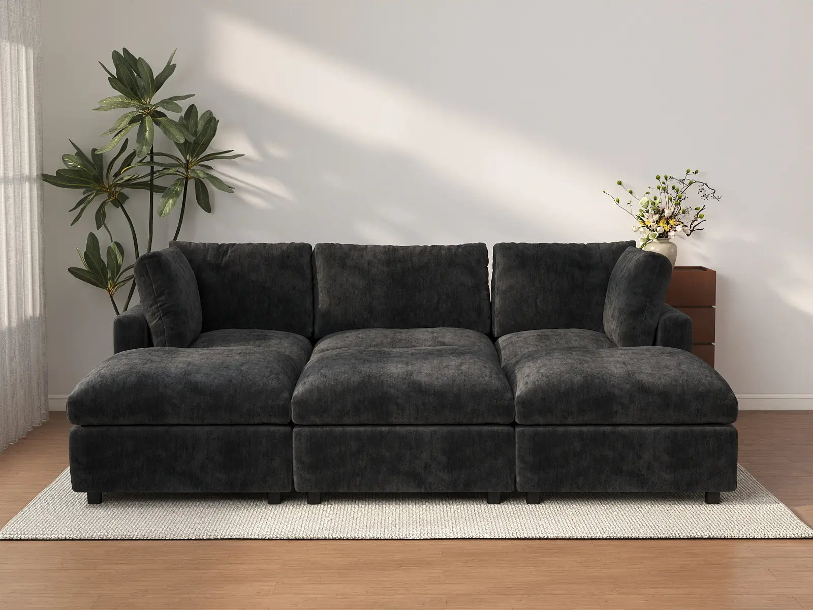Seccional Deluxe Cloud de 3 plazas negro | 6 piezas (incluye 3 pufs), tela chenilla de mezcla de lino, fundas de cojín lavables