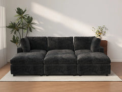 Seccional Deluxe Cloud de 3 plazas negro | 6 piezas (incluye 3 pufs), tela chenilla de mezcla de lino, fundas de cojín lavables