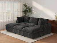 Seccional Deluxe Cloud de 3 plazas negro | 6 piezas (incluye 3 pufs), tela chenilla de mezcla de lino, fundas de cojín lavables