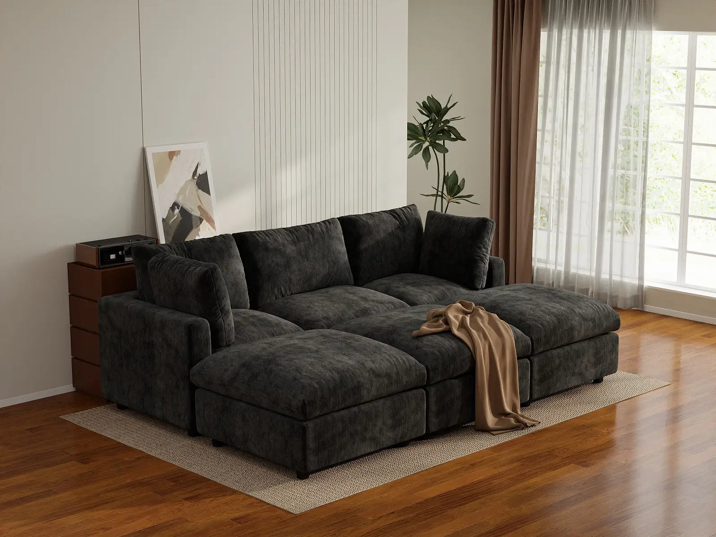 Seccional Deluxe Cloud de 3 plazas negro | 6 piezas (incluye 3 pufs), tela chenilla de mezcla de lino, fundas de cojín lavables