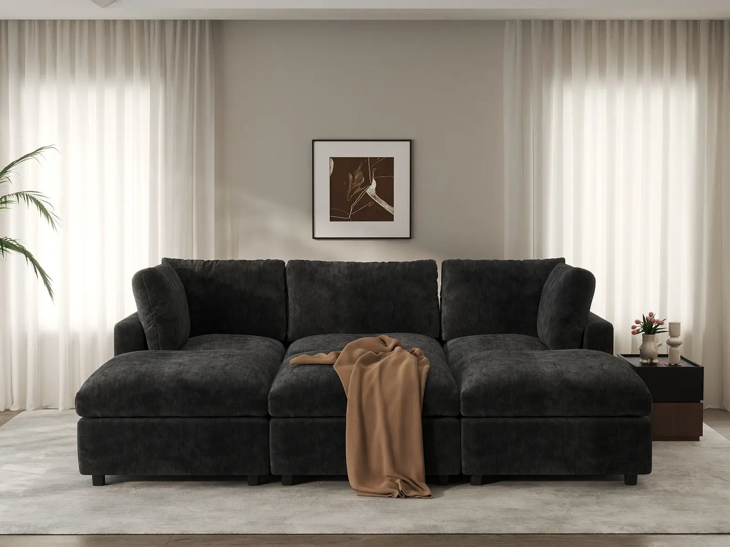 Seccional Deluxe Cloud de 3 plazas negro | 6 piezas (incluye 3 pufs), tela chenilla de mezcla de lino, fundas de cojín lavables
