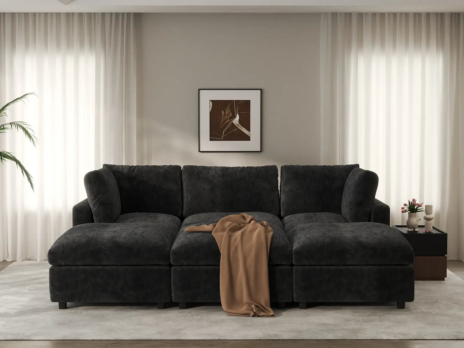 Seccional Deluxe Cloud de 3 plazas negro | 6 piezas (incluye 3 pufs), tela chenilla de mezcla de lino, fundas de cojín lavables