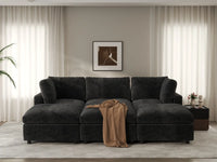 Seccional Deluxe Cloud de 3 plazas negro | 6 piezas (incluye 3 pufs), tela chenilla de mezcla de lino, fundas de cojín lavables