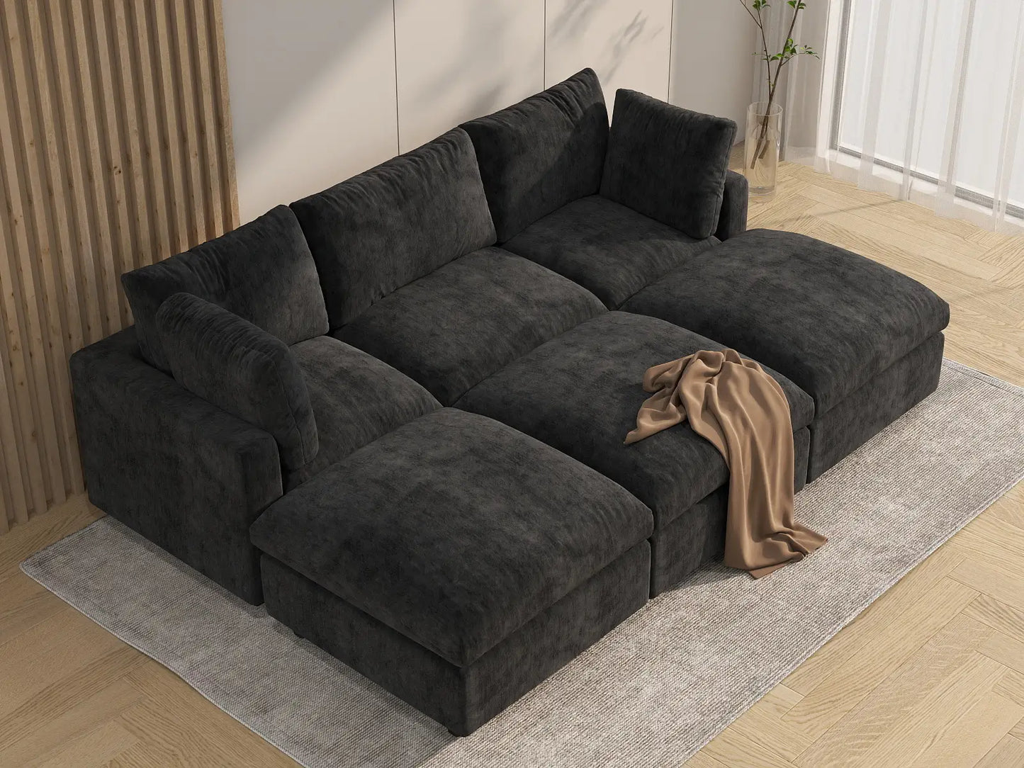 Seccional Deluxe Cloud de 3 plazas negro | 6 piezas (incluye 3 pufs), tela chenilla de mezcla de lino, fundas de cojín lavables